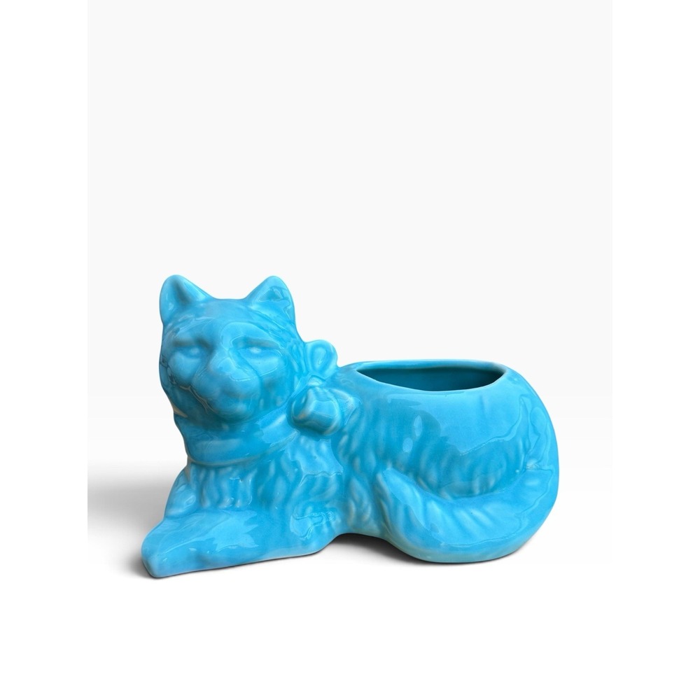 Vintage MCM Turquoise Cat Jardiniere Planter Cache Pot USA 7.5x4.75x3.5